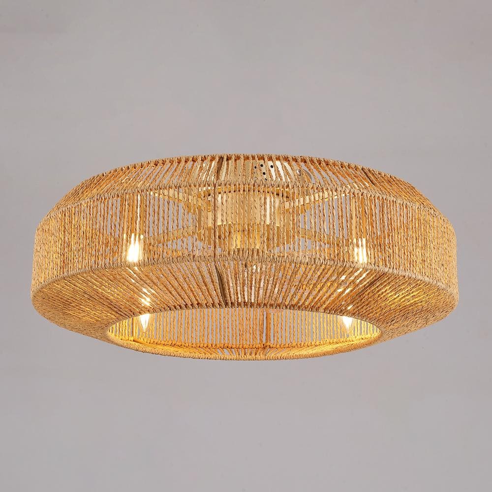 Boho 24 in. Indoor Gold Rattan Caged Drum Flush Mount Ceiling Fan Light with Remote/APP Control (No Bulbs Included) price history on PriceWatchPro