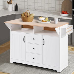 White Wood MDF 55.7 in. W Rolling Kitchen Island on 5-Wheels with 2-Drop Leaf, Power Outlet, Spice and Towel Rack