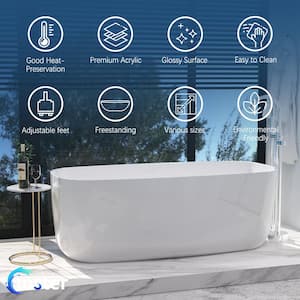 59 in. Acrylic Flatbottom Freestanding Non-Whirlpool Soaking Bathtub in White Included Center Drain