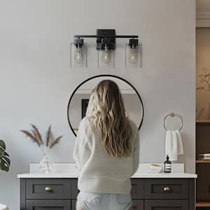 15.75 in 3-Light Matte Black Modern Vanity Light with Square Clear Glass Shade, Wall Lighting Fixtures for Bathroom