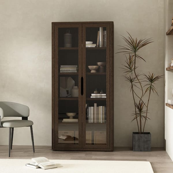 Rivington 79 in. Tall Modern Walnut Composite Wood 5-Shelf Standard Bookcase with Tempered Glass Doors