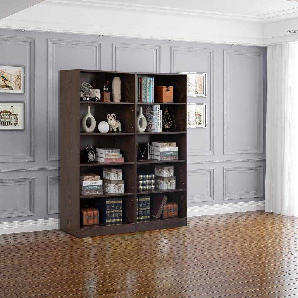 60" Tall Dark Brown Wooden Adjustable 5-Shelf Freestanding Bookcase