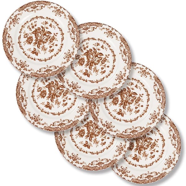 6-Pcs 10.5 in. Brown Rose Ceramic Dinner Plates, Kitchen Plates Microwave Safe, Lead and Cadmium Free, Scratch Resistant