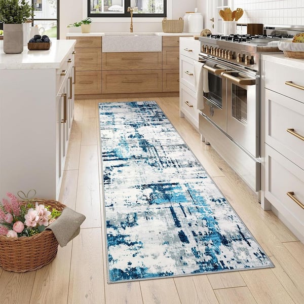 Modern Abstract Low Pile Soft Thin Carpet Washable for Bedroom Living Room Laundry Office Blue, 2 ft. x 6 ft. Area Rug