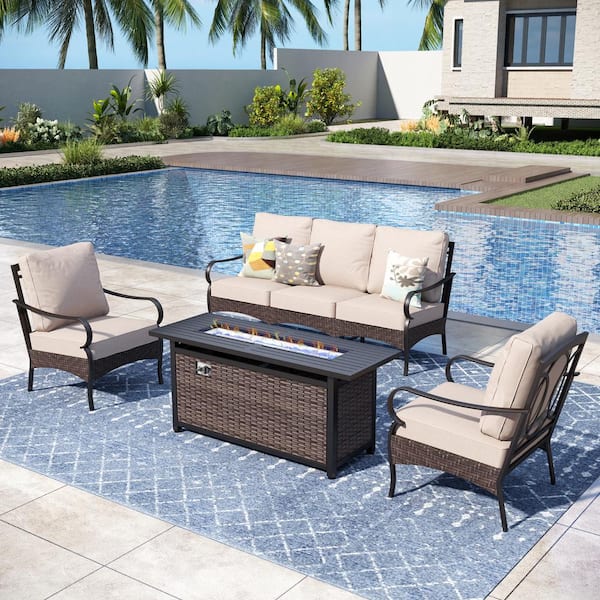 PHI VILLA Brown Rattan 4-Piece 5 Seat Metal Outdoor Patio Conversation Set with Beige Cushions and Fire Pit Table