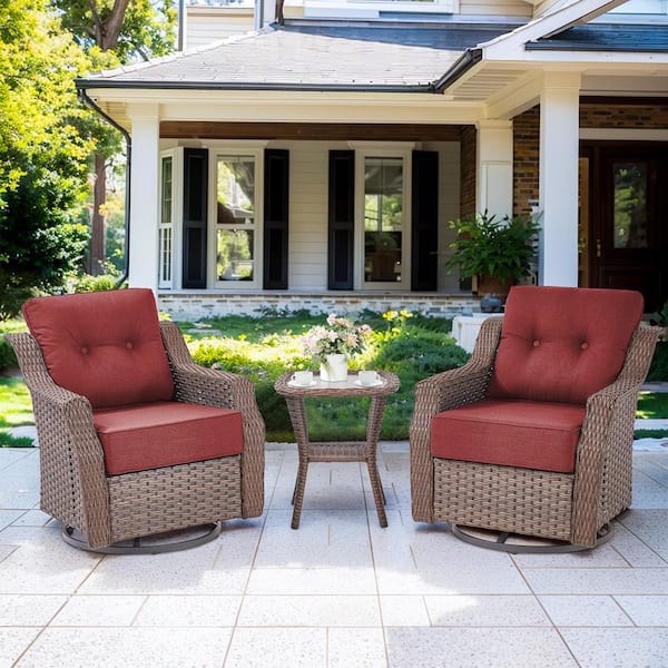 Circle 2-Piece Brown Wicker Outdoor Swivel Glider Patio Rocking Chair with Red Cushions and Matching Side Table