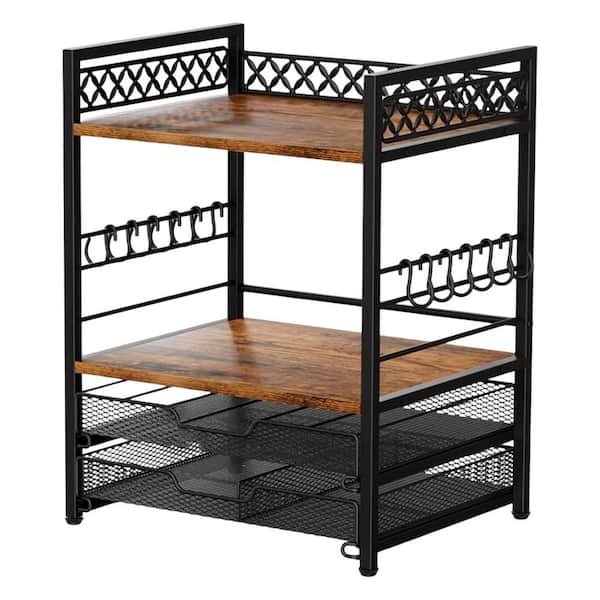 12-Hook Black 4-Tier Coffee Bar Organizer Countertop Mug Holder Stand with K Cup Pod Drawer and Storage Shelf