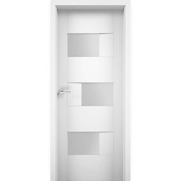 VDOMDOORS 24 in. x 84 in. Universal Frosted Glass Solid MDF White Finished Pine Wood Interior Door Slab with Hardware