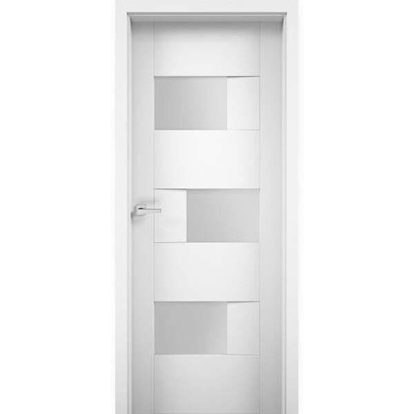 VDOMDOORS 42 in. x 80 in. Universal Frosted Glass Solid MDF White Finished Pine Wood Interior Door Slab with Hardware