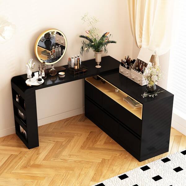 FUFU&GAGA 47.2 in. W x 47.2 in. D x 29.5 in. H L-Shaped 6-Drawer Black Wood Dresser With Rotatable Desk