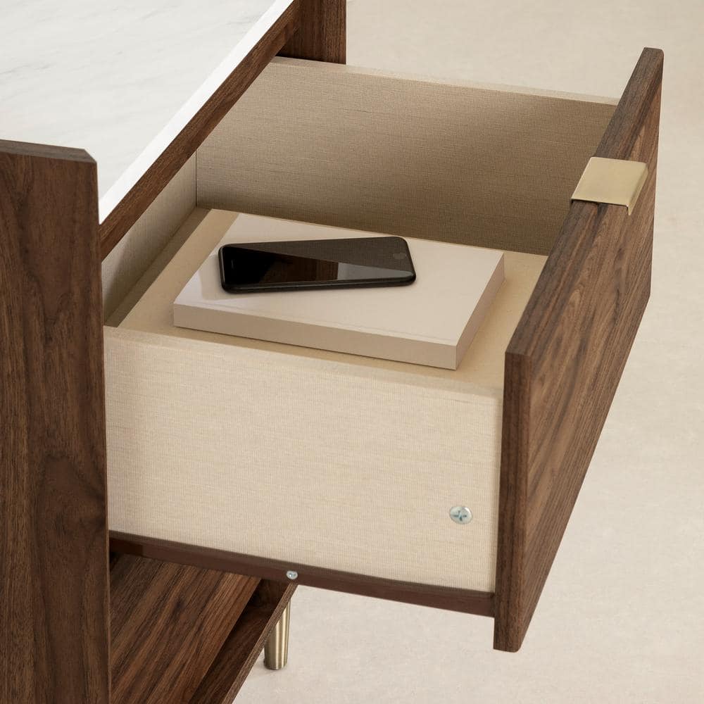 Natural Walnut and White Stone 2-Drawer End Table with Brass Legs