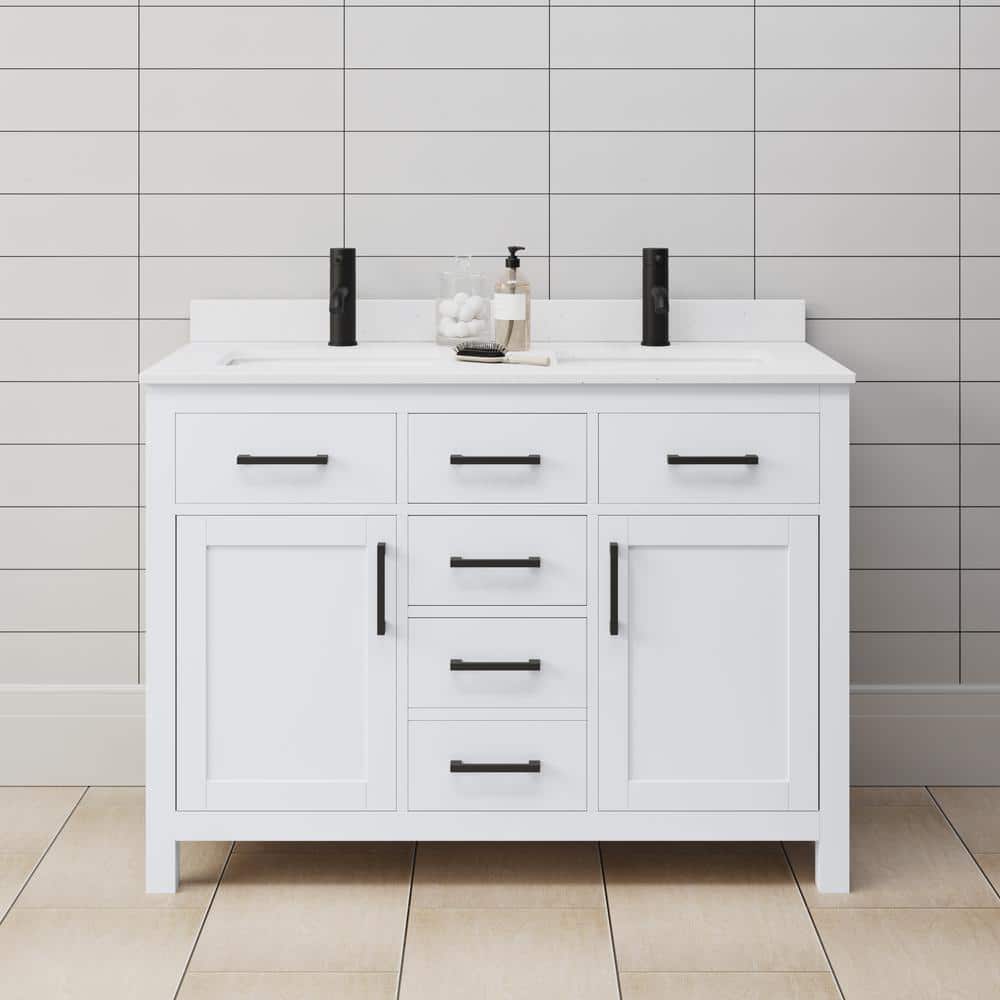 White Cultured Marble Freestanding Double Bathroom Vanity with Matte Black Hardware