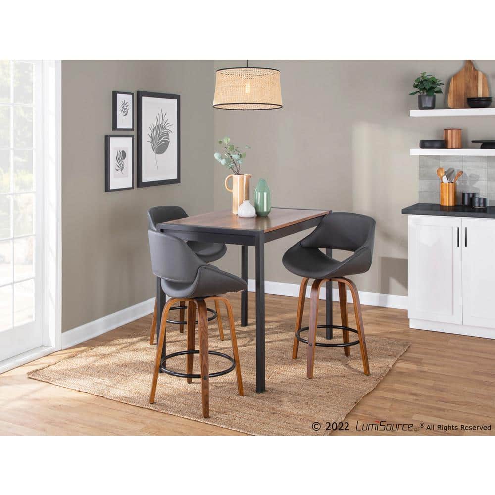 Set of 2 Flared Walnut & Metal Swivel Counter Stools in Black/Grey