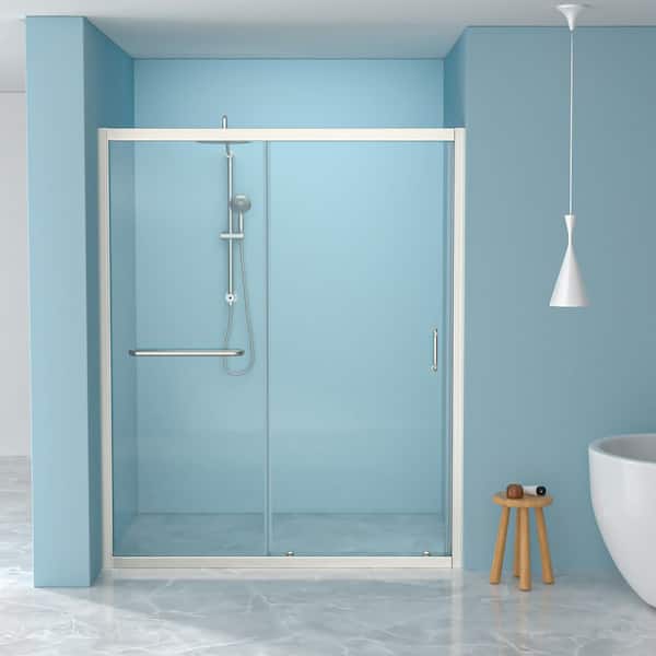 Timussi 60 in. W x 72 in. H Single Sliding Framed Shower Door in Brushed Silver Finish with Clear Glass