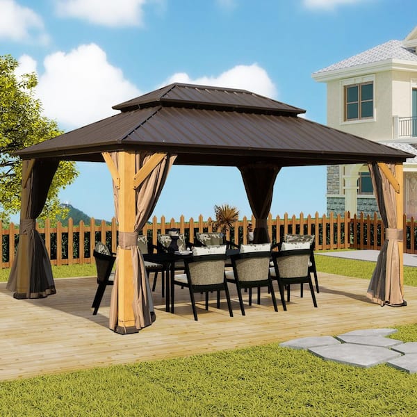 10 ft. x 14 ft. Yellow Brown Cedar Wood Gazebo, Hardtop Gazebo with Galvanized Steel Double Roof, Netting and Curtains