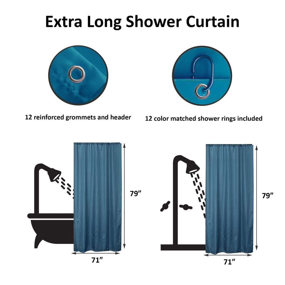 Tahitian Blue Extra Long Polyester Shower Curtain with Matching Hooks