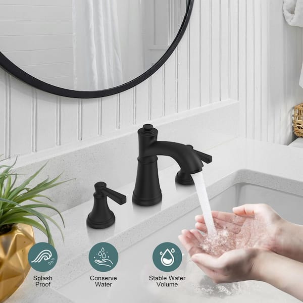 Waterfall 8 in. Widespread Double-Handle Black Bathroom Faucet Set 3-Holes Vanity Sink with Metal Drain in Matte Black