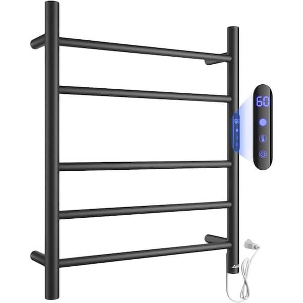 PRIMEPLUS 6-Bar Round Bar Plug-In/Hardwired Towel Warmer Smart Touch Screen Digital Display Waterproof in Black