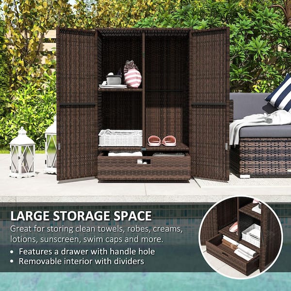 Outsunny Rattan Outdoor Storage Cabinet, Wicker Bar Table With Acacia
