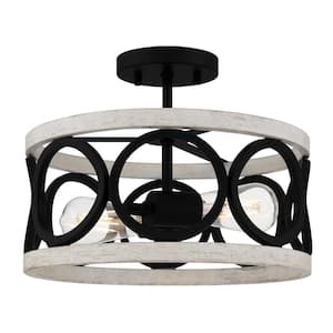 13 in. 2-Light Black and White Wood Finish Round Contemporary Semi- Flush Mount for Dining Room Hallway Entryway