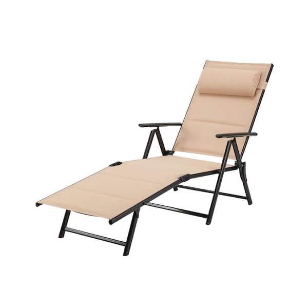 Cesicia 1 PCS Metal Khaki Outdoor Folding Reclining Adjustable Chaise Lounge Chair with 7-Position Adjustable Backrest