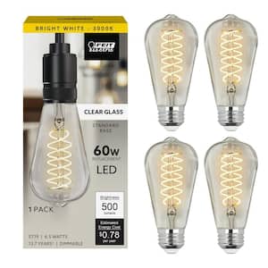 60-Watt Equivalent ST19 Dimmable Spiral Filament Clear Glass E26 Vintage Edison LED Light Bulb, Bright White (4-Pack)