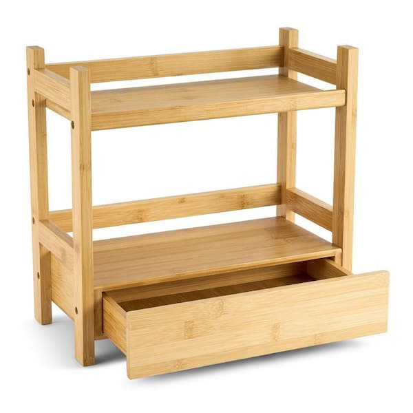 2-Tier Bamboo Shelving Unit (12.62 in. H x 6.37 in. W x 13.12 in. D) Countertop Shelf with Hidden Drawer