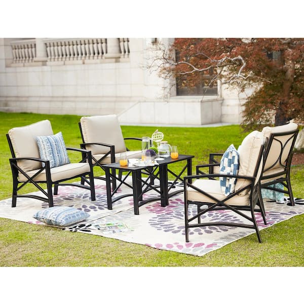Patio Festival 6-Piece Metal Patio Conversation Set with Beige Cushions