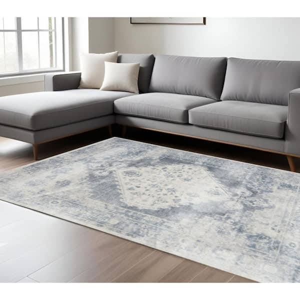 8' X 10' Blue And Ivory Floral Medallion Distressed Washable Area Rug