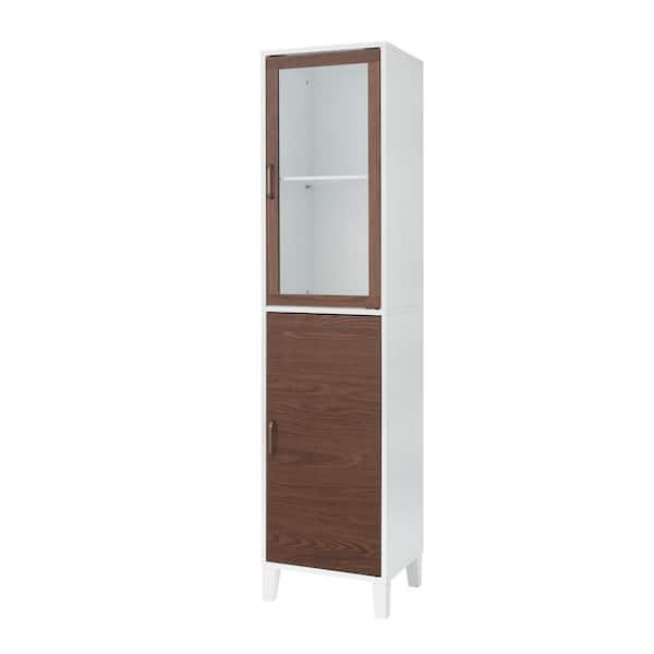 Tyler 15 in. W x 65.5 in. H x 13 in. D Freestanding Linen Tower Wooden Cabinet, White and Walnut