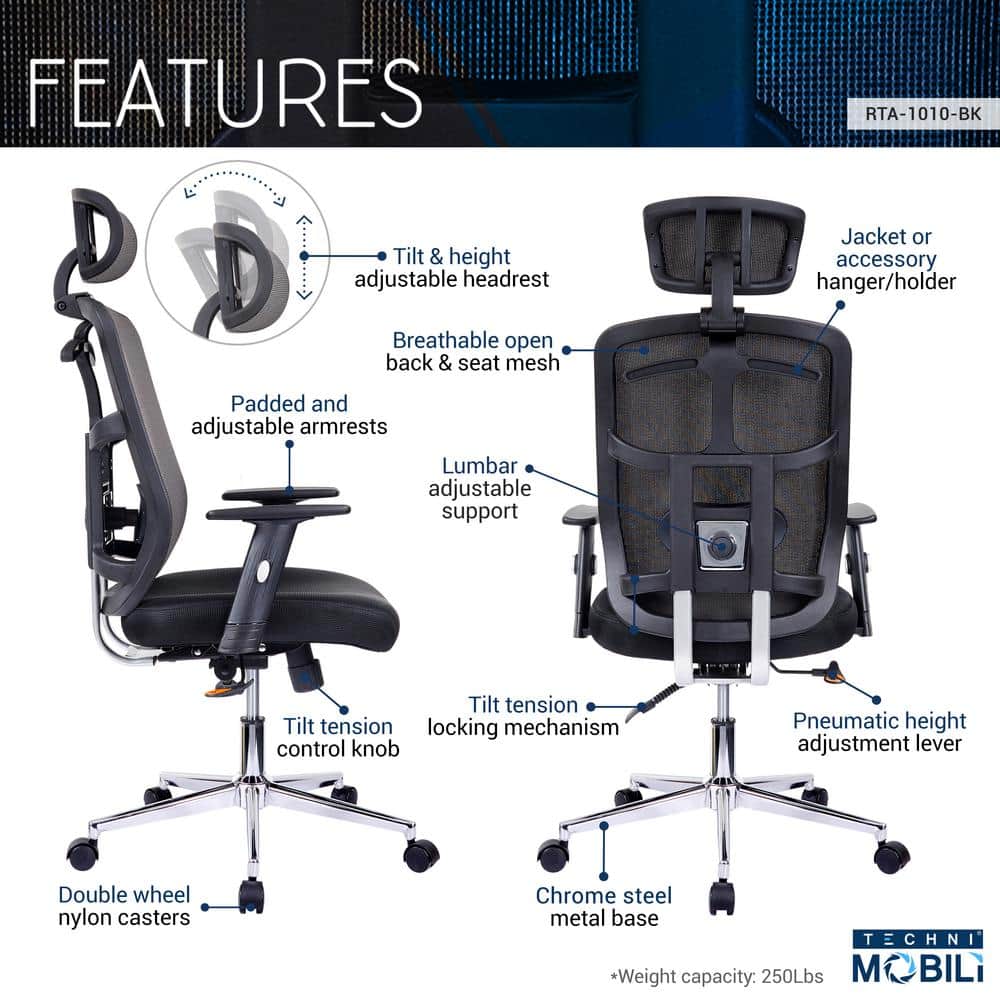 Executive High-Back Black Mesh Swivel Office Chair with Metal Base