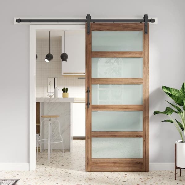 38 in. x 84 in. 5 Lite Frosted Glass Brown Finished Solid Wood Sliding Barn Door with Hardware Kit