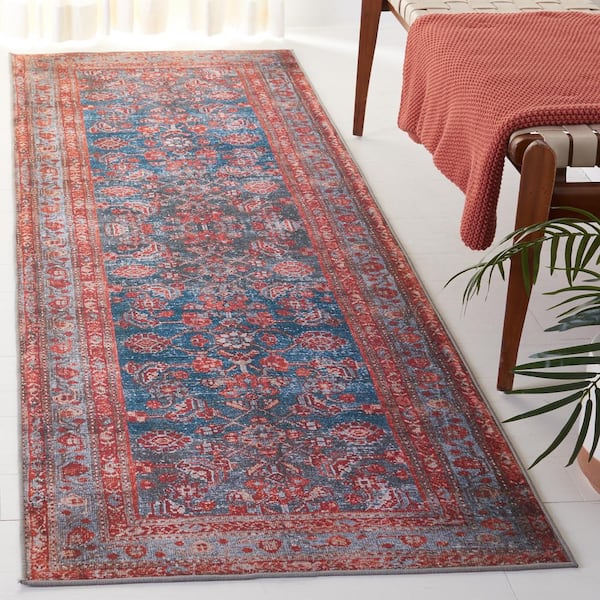 Tucson Blue/Rust 3 ft. x 8 ft. Machine Washable Border Distressed Floral Runner Rug