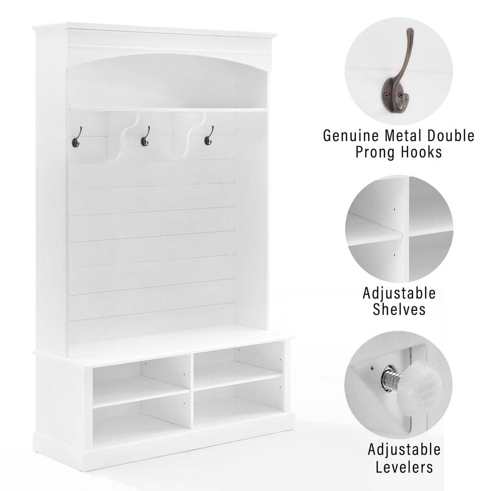 Bartlett White Farmhouse Hall Tree with Bench and Shoe Storage