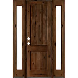 58 in. x 96 in. Rustic Alder Arch Provincial Stained Wood with V-Groove Right Hand Single Prehung Front Door