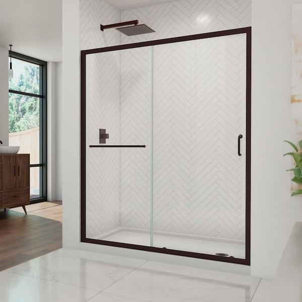DreamLine Infinity-Z 36in. x 60in. Semi-Frameless Sliding Shower Kit Door with Right Drain Shower Base in White