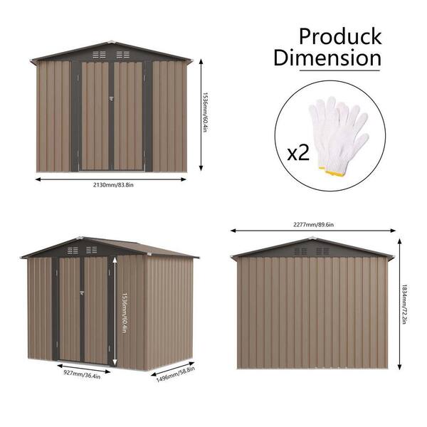 Sudzendf 7.4 ft. W x 5.3 ft. D Brown Metal Garden Shed with Apex