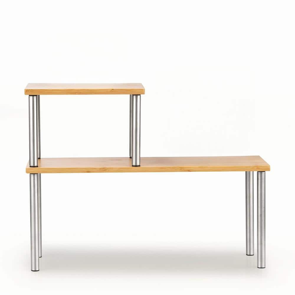 Bamboo and Stainless Steel 2-Tier Corner Storage Shelf