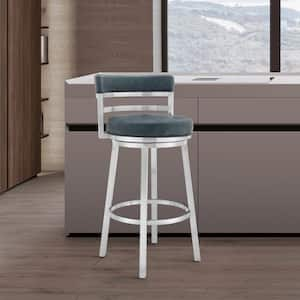 Titana 36-40 in. Blue/Brushed Stainless Steel Metal 26 in. Bar Stool with Faux Leather Seat