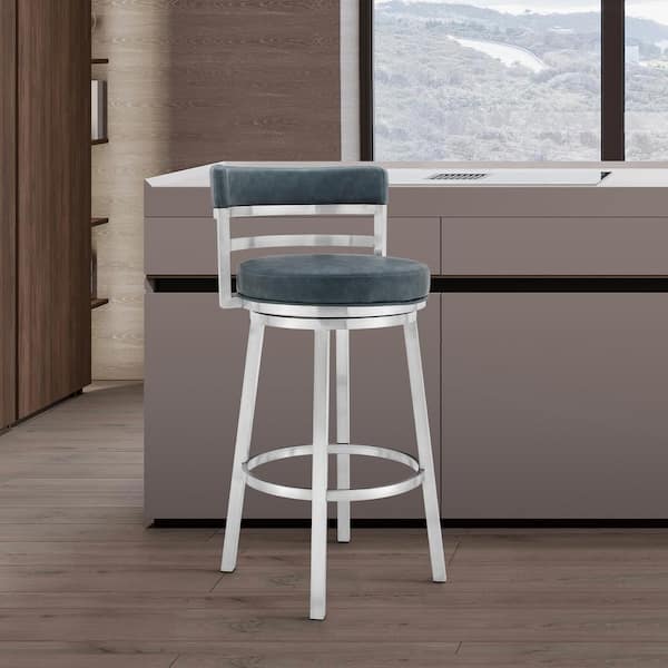 Armen Living Titana 36-40 in. Blue/Brushed Stainless Steel Metal 26 in. Bar Stool with Faux Leather Seat