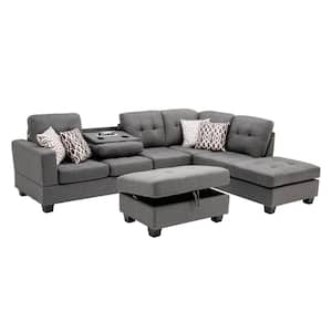 112 in. W 3-Piece Gray Linen L Shaped Reversible Sectional Sofa with Square Arm Outlets and USB Ports