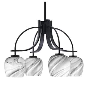 Olympia 15.5 in. 4-Light Matte Black Downlight Chandelier Onyx Swirl Glass Shade