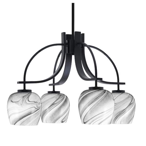 Unbranded Olympia 15.5 in. 4-Light Matte Black Downlight Chandelier Onyx Swirl Glass Shade