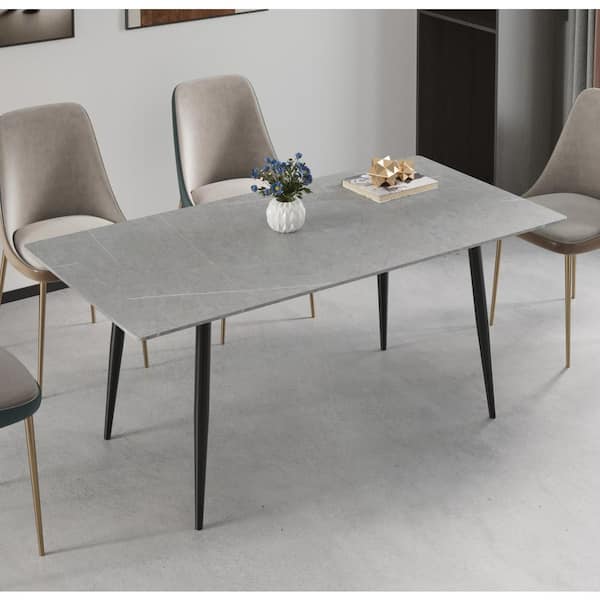 J&E Home 63 in. Rectangle Gray Sintered Stone Top with Metal Black Frame (Seats 6)