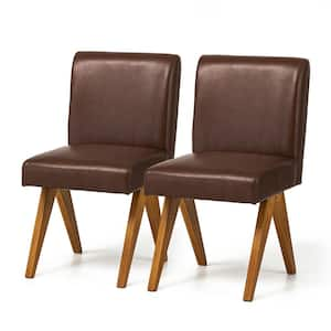 Mid-Century Modern Brown Leatherette Solid Back Dining Chair with V-Shaped Solidwood Legs (Set of 2)