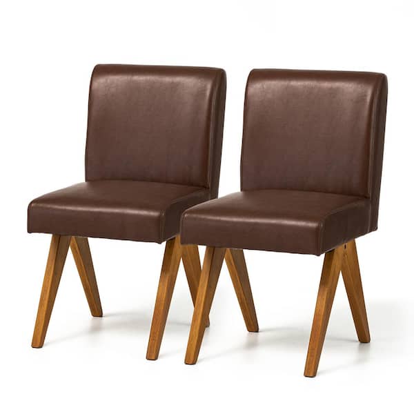 Glitzhome Mid-Century Modern Brown Leatherette Solid Back Dining Chair with V-Shaped Solidwood Legs (Set of 2)