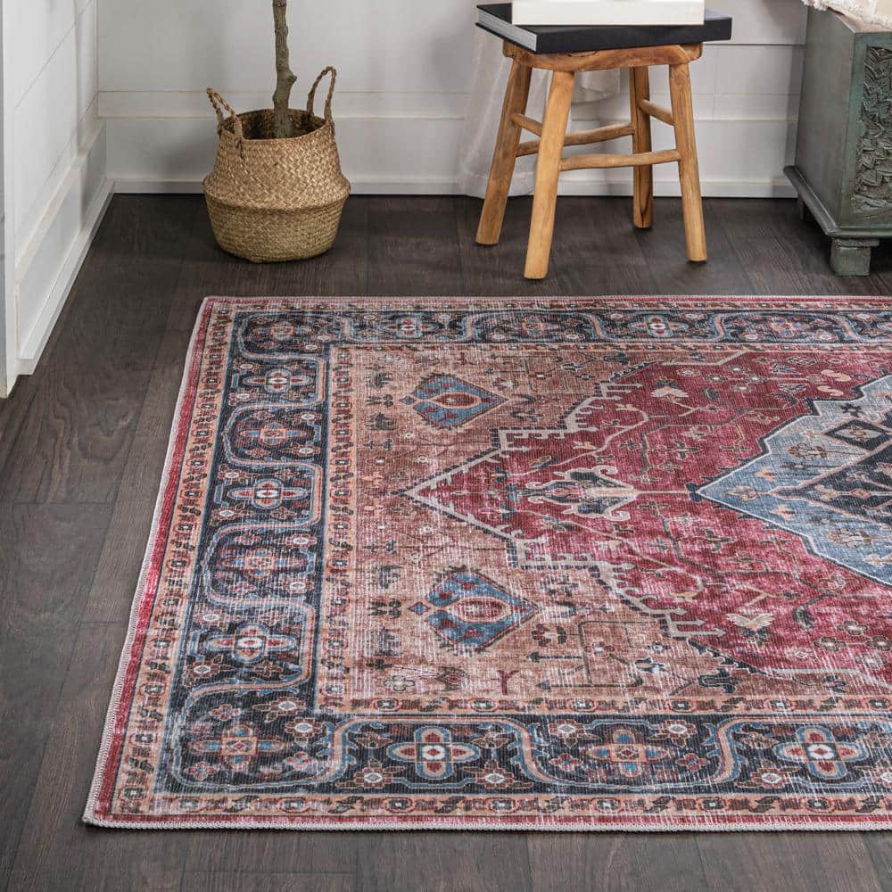 Red and Blue Medallion Washable Synthetic Area Rug 3' x 5'