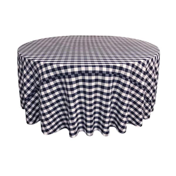 LA Linen 120 in. White and Navy Polyester Gingham Checkered Round Tablecloth