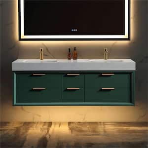 60 in. W x 20.9 in. D x 21.3 in. H Wall Mount Bath Vanity in Green with LED Light,White Cultured Marble Top,Double Sinks