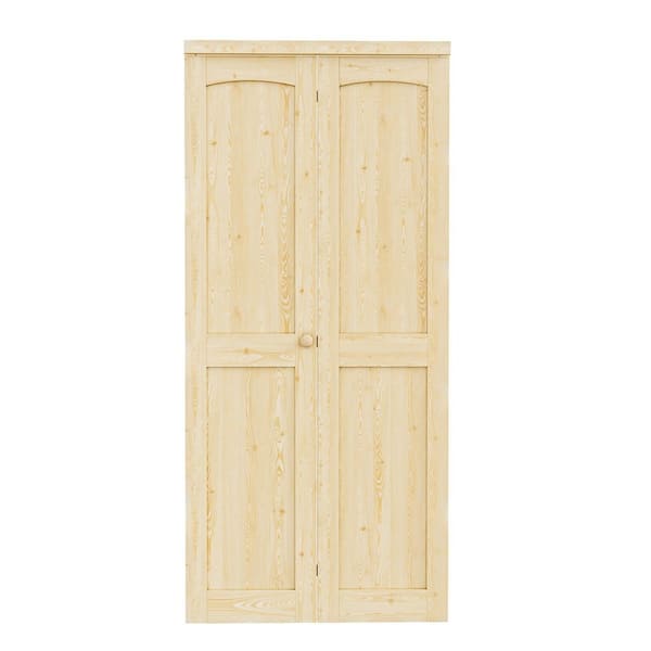 36 in. x 80 in. Arch Panel 2-Lite Solid Core Unfinished Pine Wood Interior Closet Bi-Fold Door with Hardware